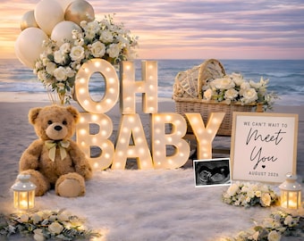 Plantilla de anuncio de embarazo neutral / Anuncio de bebé editable en Canva / Escena de playa "Oh Baby"