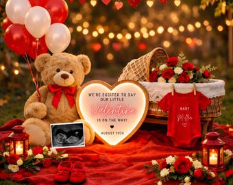 Plantilla de anuncio de embarazo neutral para San Valentín / Plantilla editable de Canva para bebé / Escena romántica al aire libre