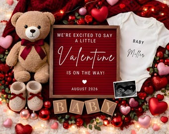 Plantilla de anuncio de embarazo de San Valentín / Canva editable Little Valentine Flat Lay