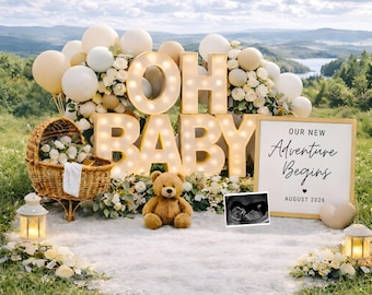 Plantilla de anuncio de embarazo neutral / Revelación de bebé editable en Canva / Vista a la montaña plana