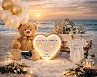 Plantilla de anuncio de embarazo estilo playa bohemia / Revelación de bebé en Canva editable en neutro / Globos planos para exteriores