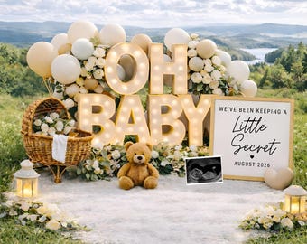 Plantilla de anuncio de embarazo / Canva editable neutral / Revelación de paisaje escénico