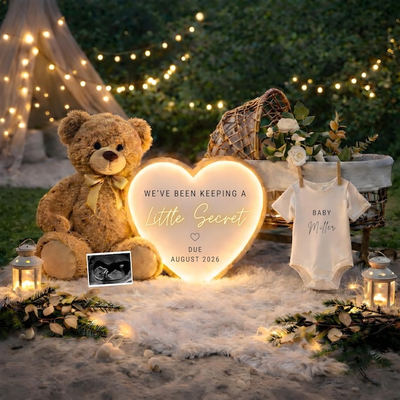 Pregnancy Announcement Template | Editable Canva Baby Reveal | Neutral Outdoor Light Up Flat Lay