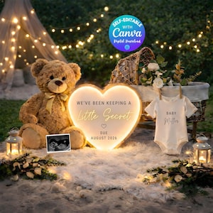 May include: A heartwarming announcement scene featuring a teddy bear, a heart-shaped sign with the text "We've Been Keeping a Little Secret," and a baby onesie. The sign indicates a due date of August 2026. The image also includes a sonogram and decorative elements.