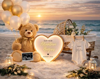 Plantilla de anuncio de embarazo en la playa / Anuncio de bebé editable en Canva neutral / La aventura comienza en plano