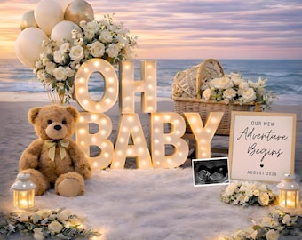 Plantilla de anuncio de embarazo neutral / Anuncio de bebé editable en Canva / Atardecer en la playa plano