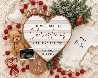 Christmas Pregnancy Announcement Template Editable Canva | Neutral Holiday Baby Reveal Digital