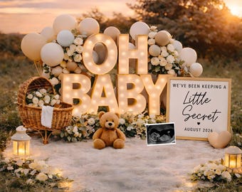 Plantilla de anuncio de embarazo / Revelación de bebé en lienzo neutro / Escena de atardecer al aire libre