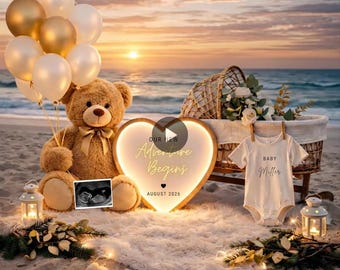 Plantilla de video para anunciar el embarazo / Presentación del bebé en Canva editable / Animación de atardecer en la playa