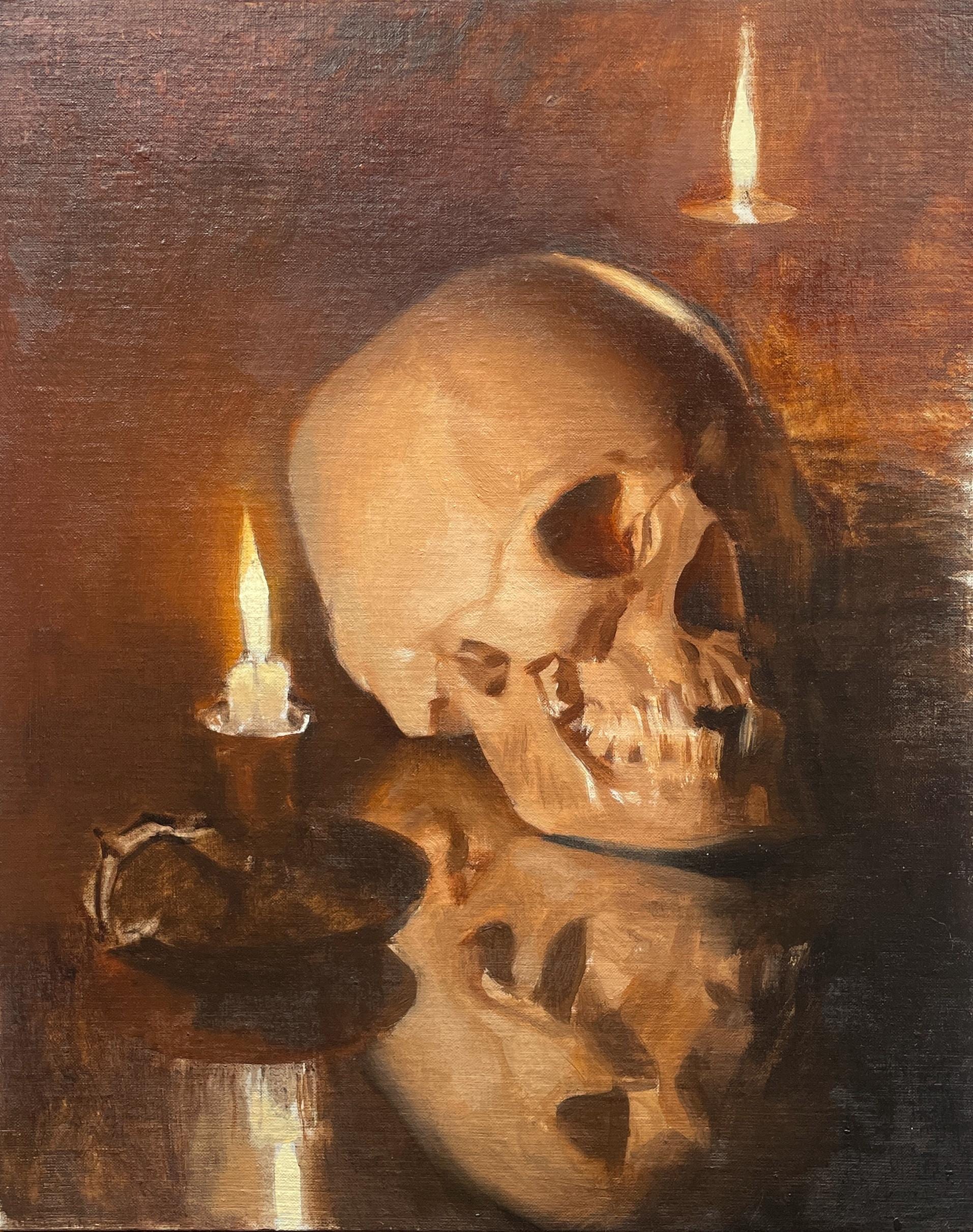 Skull and Candles Oil Painting - Observational Skull Study, Alla