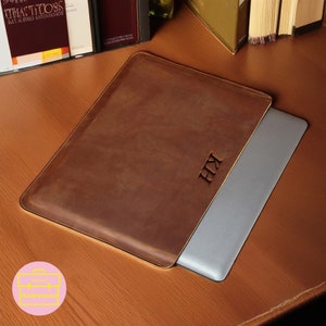 Personalised Genuine Leather MacBook Air & Pro Sleeve, Custom Engraving Name Leather Cover, Cowhide MacBook Sleeve, University Gifts For Her
