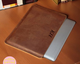 Personalised Genuine Leather MacBook Air & Pro Sleeve, Custom Engraving Name Leather Cover, Cowhide MacBook Sleeve, University Gifts For Her