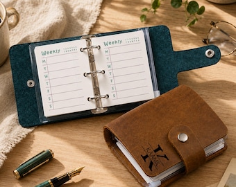 Personalized Leather Pocket Planner, Top Grain Cowhide Mini Ring Binder, Weekly Organizer