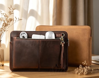 Personalized Leather Laptop Sleeve, Leather Laptop Cover, Protective Case For Macbook Pro 14, Engraved Name Leather Cover, Father's Day Gift