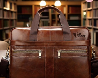 Personalized Leather Laptop Bag, Custom Name Messenger Bag, Initial Monogram Computer Satchel Project Bag, Leather Shoulder Bag,Gift for Him