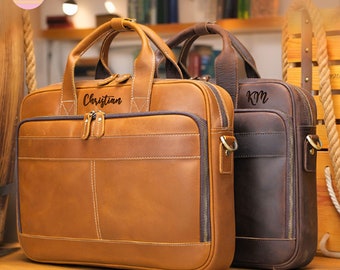 Personalized Leather Briefcase Laptop Bag, Custom Engrave Messenger Bag, Monogram Computer Satchel Project Bag, Handbag Shoulder Bag, Gifts