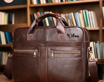Personalized Leather Laptop Bag, Custom Name Messenger Bag, Initial Monogram Computer Satchel Project Bag, Leather Shoulder Bag,Gift for Him