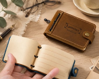 Personalized Leather Mini Notebook, Top Grain Cowhide Pocket Journal, Custom Engraved Travel Diary