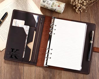 Personalized A5 Genuine Leather Notebook Cover,Custom Engraved Planner Binder,Multi-Pocket Organizer,Refillable Diary Cover,Gift for Writers