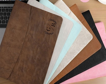 Personalized Leather Laptop Sleeve Case Bag With Document Holder, Custom Name Document Holder, Engrave Initial MacBook Case, Protective Case