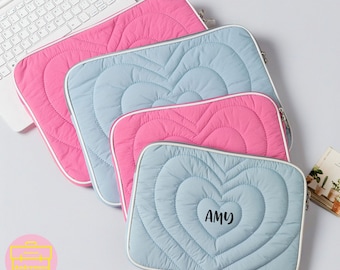 Custom Name Heart iPad Case, Personalized Quilting iPad Air Pro Pouch, Initial iPad Sleeve, Custom Monogram Laptop Bag, 11 13"Gift For Lover