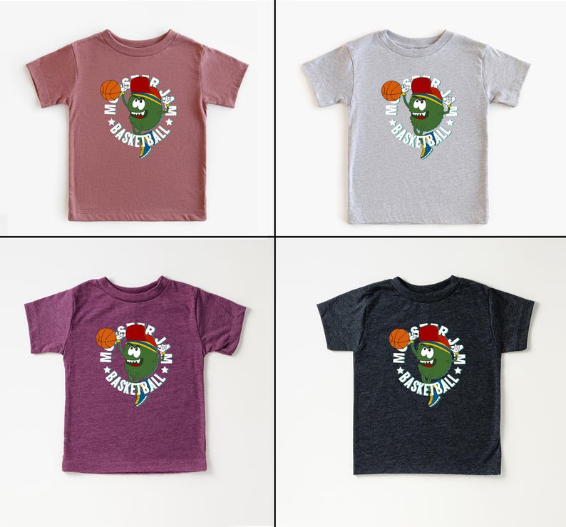 May include: Four children's t-shirts in mauve, grey, purple, and charcoal. Each has a cartoon character holding a basketball, with the words "STAR JAM BASKETBALL" in a circular design.