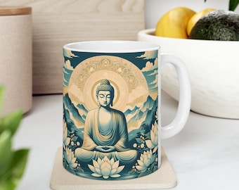 Caneca inspirada em Buda, xícara de café de atenção plena, caneca de chá de Buda sereno, utensílios para bebidas zen espirituais, caneca de meditação pacífica, decoração iluminada
