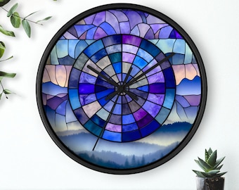 Stained Glass Style Mountain Clock, Artistic Nature Wall Clock, Faux Stained Glass Timepiece, Mountain Print Decor, Home Art Accessory