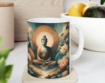 Caneca inspirada em Buda, xícara de café de atenção plena, caneca de chá de Buda sereno, utensílios para bebidas zen espirituais, caneca de meditação pacífica, decoração iluminada