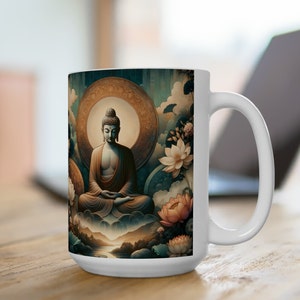 Buddha Inspired Mug, Mindfulness Coffee Cup, Serene Buddha Tea Mug, Spiritual Zen Drinkware, Peaceful Meditation Mug, Enlightened Decor