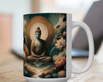 Caneca inspirada em Buda, xícara de café de atenção plena, caneca de chá de Buda sereno, utensílios para bebidas zen espirituais, caneca de meditação pacífica, decoração iluminada
