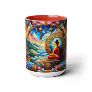 May include: White ceramic mug with a vibrant, colorful illustration of Buddha meditating. The design features a stained-glass style with a serene landscape, lotus flowers, and a red interior.