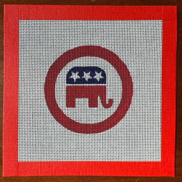 Republican Needlepoint Christmas Ornament canvas. Painted on zweigart 18 mesh canvas.  Canvas size 6W x 6H