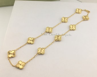 Authentic Van Cleef  Vintage ALHAMBRA Lucky four Leaf Clover Necklace  18 Yellow Gold Agate 10 Flower Necklace