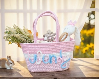 Personalized Baby Basket Gift，Baby Shower Gift ， Baby handbag Basket ，Nursery Decor  ， Baby Girl Gift ， Name Cotton Rope Basket