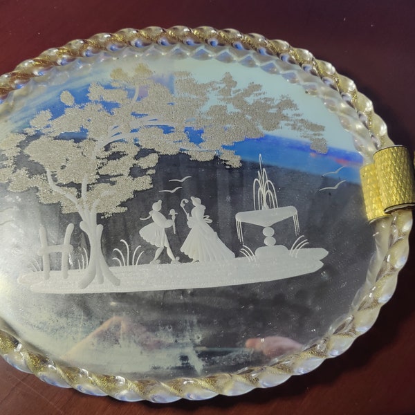 Vintage Italian Venetian Etched Gilt Murano Glass Mirror Vanity Dresser Tray. Has some cloudiness on left side.