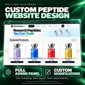 May include: A digital display of a custom website design for Subversion RX featuring a header with navigation, a hero section titled Research Peptides You Can Trust, and a featured products grid showing four vials labeled GLP-3, GLP-2, GLP-1, and Tesamorelin.