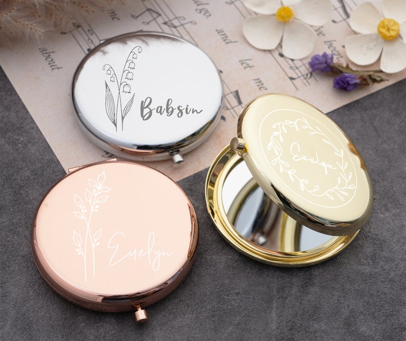 Personalized Fancy Compact Mirror Gift For Wedding,Luxurious Pocket Mirror For Bridesmaid Gifts,Customized Birth Flower For Her Bild 5