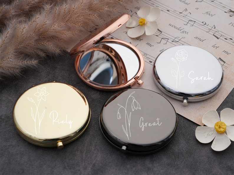 Personalized Fancy Compact Mirror Gift For Wedding,Luxurious Pocket Mirror For Bridesmaid Gifts,Customized Birth Flower For Her Bild 3