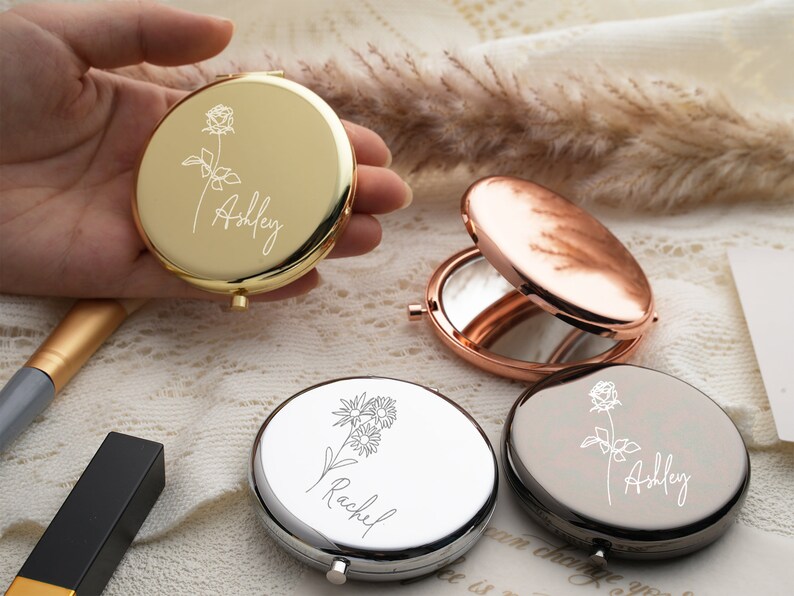 Personalized Fancy Compact Mirror Gift For Wedding,Luxurious Pocket Mirror For Bridesmaid Gifts,Customized Birth Flower For Her Bild 7