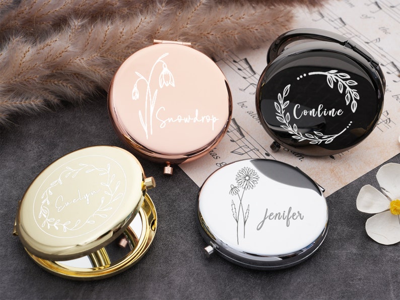 Personalized Fancy Compact Mirror Gift For Wedding,Luxurious Pocket Mirror For Bridesmaid Gifts,Customized Birth Flower For Her Bild 2