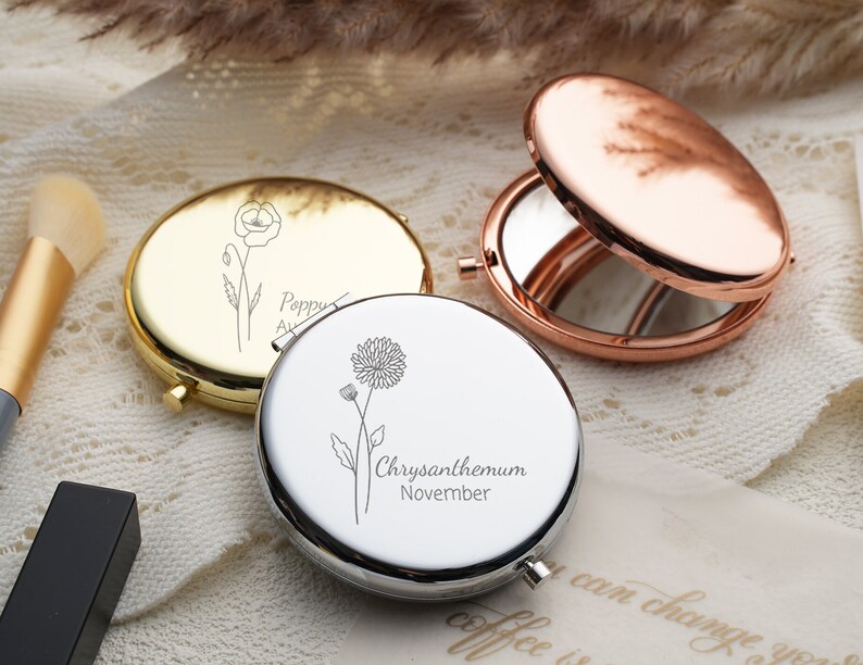 Personalized Fancy Compact Mirror Gift For Wedding,Luxurious Pocket Mirror For Bridesmaid Gifts,Customized Birth Flower For Her Bild 8