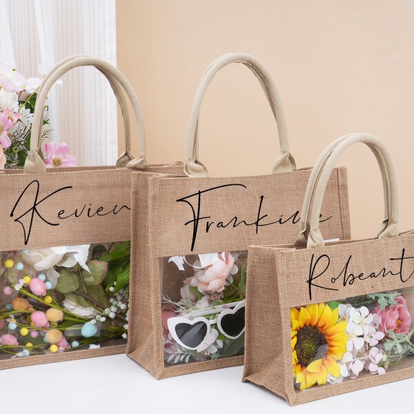 Personalized Tote Gift Bag,Bridesmaid Burlap Tote Bag,Bridesmaid Beach Bag,Custom PVC Jute Tote Bag,Bachelorette Party Gift Bag,Wedding Gift