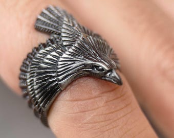 Viking Raven Ring | Odin's Ravens Hugin and Munin | Black Steel Norse Mythology Ring | Viking Jewelry for Men and Women