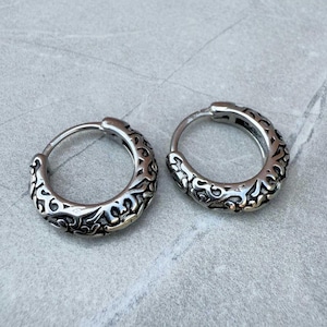 Vintage Celtic Tribal Huggie Hoop Earrings in Surgical Steel, Boho Filigree Textured Jewelry Gift