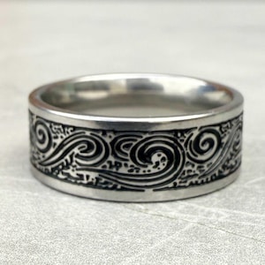 Engraved Wave Ring for Men: Handmade Steel Surfer Style
