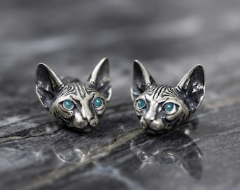 Sphynx Cat-oorknopjes – gotische kattenkopoorbellen met blauwe ogen voor heren en dames