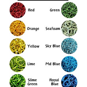 May include: A white background displays a color chart with the text "Available Colors." Each color is represented by a circle filled with a sample of the color. Colors include red, green, orange, seafoam, yellow, sky blue, lime, md blue, slime green, and royal blue.