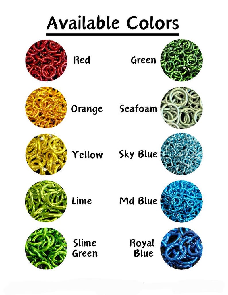 May include: A white background displays a color chart with the text "Available Colors." Each color is represented by a circle filled with a sample of the color. Colors include red, green, orange, seafoam, yellow, sky blue, lime, md blue, slime green, and royal blue.