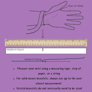 May include: An instructional graphic on a purple background titled How to measure your wrist. It features a line drawing of a wrist being measured, a wooden ruler with inch markings, a strip of marked paper, and a blue marked string for sizing.